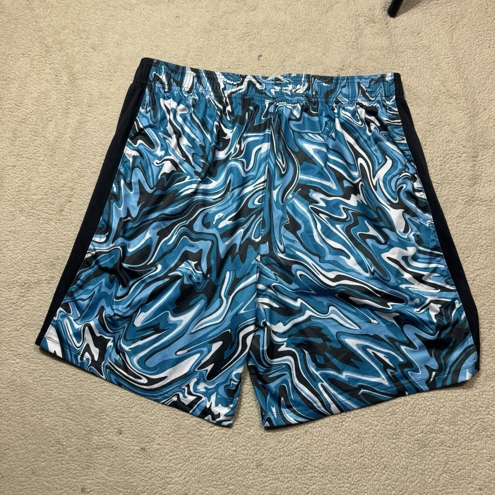 Under Armour Shorts Mens XL Basketball Stretch Blue White Oil Spill Print Mesh